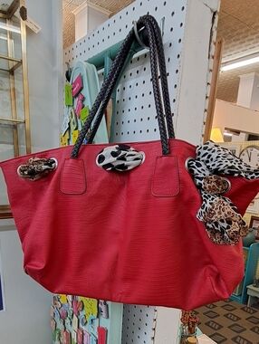 Red Women's Tote Bag with Braided Handles